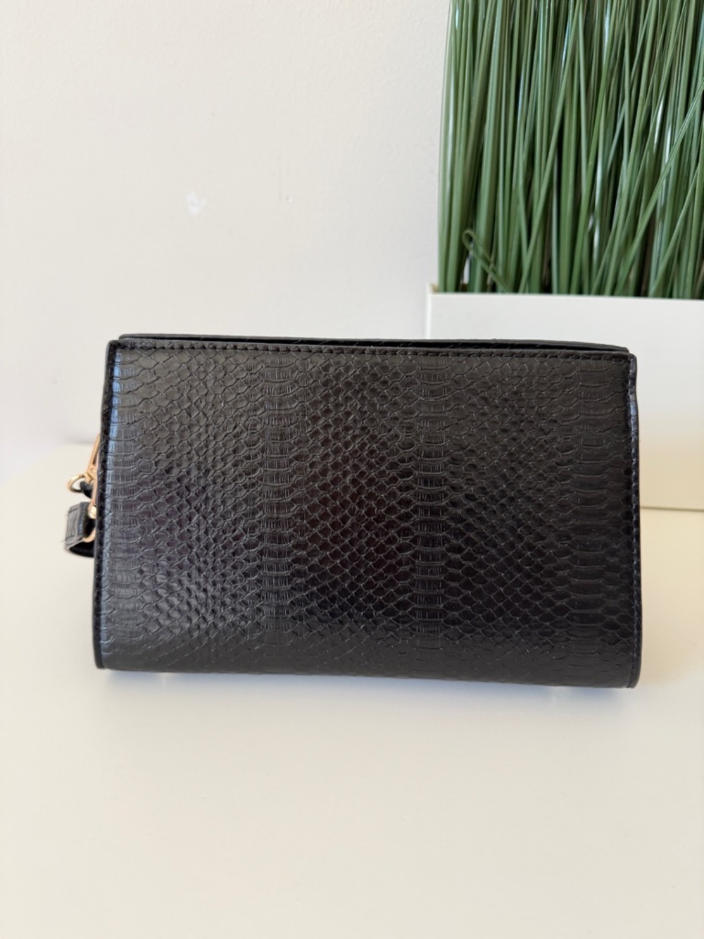 Black Faux-Snakeskin Crossbody Bag with Gold Hardware - Picture 3 of 7